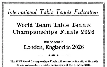 100 years! London will host ITTF World Championships in 2026